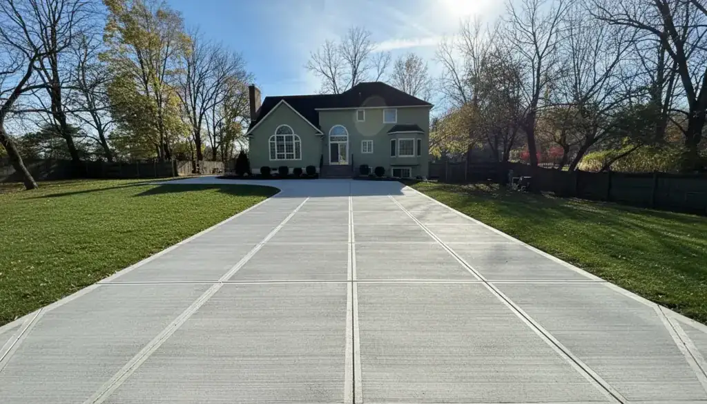 Broom-finish concrete driveway with saw-cut control joints leading to a colonial house