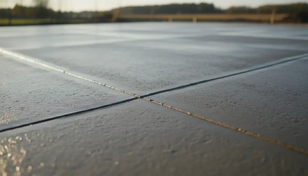 Close view of a sealed concrete slab with a scored control joint in low raking light