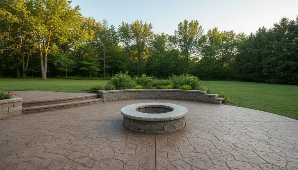 Round block firepit set into a stamped patio with low curved retaining wall and steps